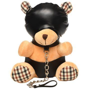 Плюшевий ведмедик HOODED Teddy Bear БДСМ у шкіряному капюшоні з повідцем, 23x16x12 см SO9815 фото