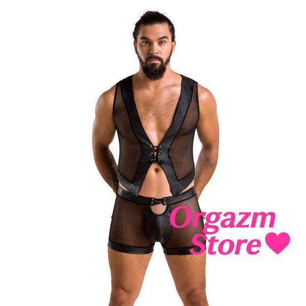 Комплект чоловічої білизни на шнурівці Passion 053 SET WILLIAM L/XL Black, жилет, боксери SO7627 фото