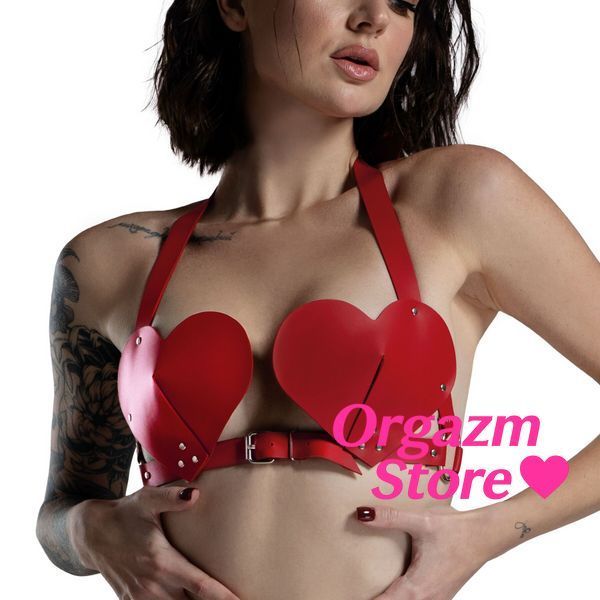 Ліф Серце з натуральної шкіри Feral Feelings - Hearts Bra Red SO9416 фото