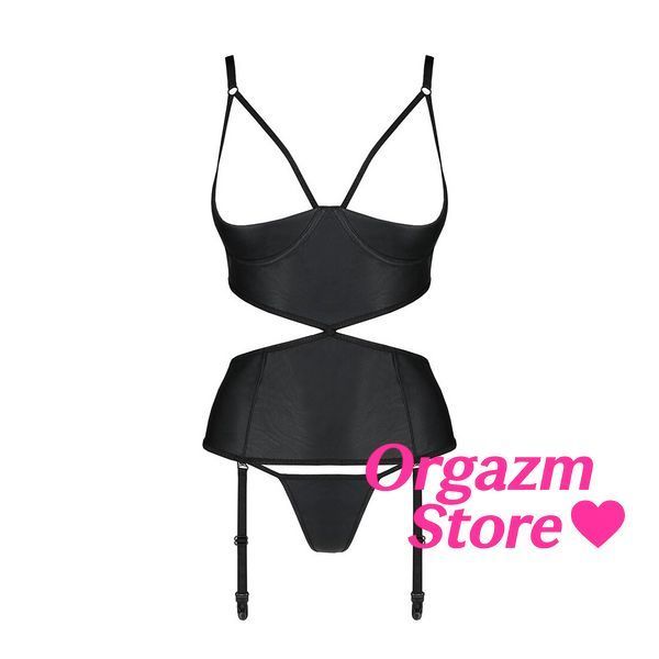 Корсет з відкритими грудьми Passion JANNIES CORSET S/M black, стрінги в наборі SO8446 фото