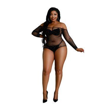 Сітчасте боді зі стразами Moonlight Plus Model 09 XL-XXXL Black, відкриті плечі SO8200 фото