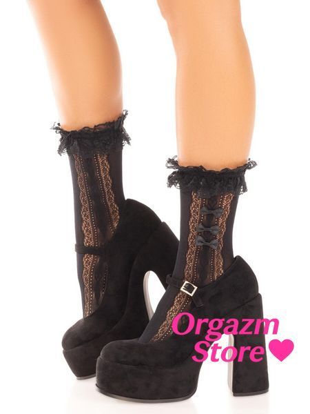 Шкарпетки ажурні Leg Avenue Mini Bow Lace Anklet, чорні, з рюшами, декор &mdash; бантики SX1046 фото