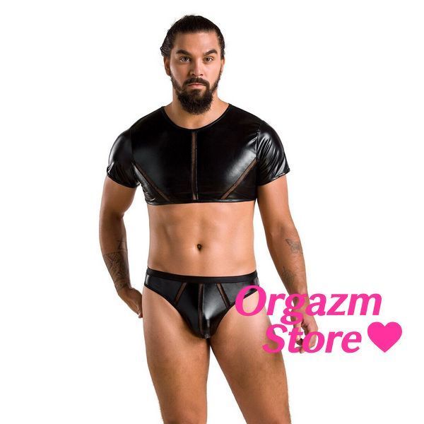 Комплект чоловічої білизни під латекс Passion 057 SET PETER S/M Black, кроп-топ, стринги SO7634 фото