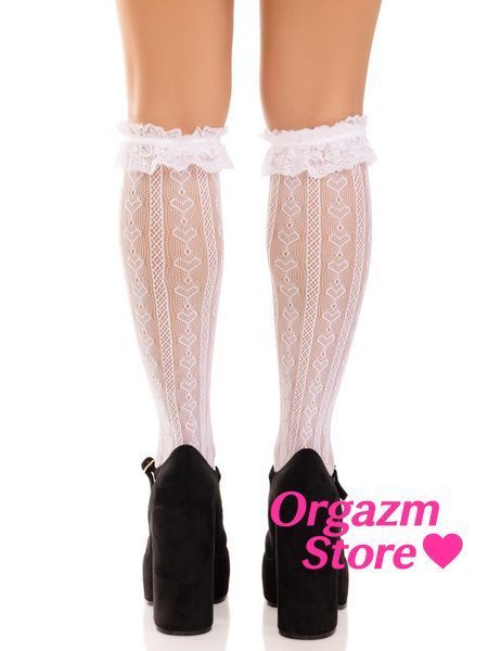 Гольфи ажурні Leg Avenue Sweetheart Ruffle Cuff Knee Highs, білі, малюнок-сердечка SX1049 фото