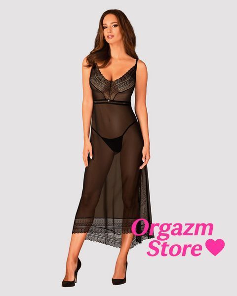 Напівпрозора довга сорочка Obsessive Estiqua chemise M/L, чорний, асиметричний крій SO7263 фото