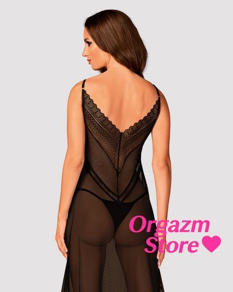 Напівпрозора довга сорочка Obsessive Estiqua chemise M/L, чорний, асиметричний крій SO7263 фото
