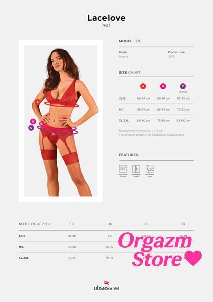 Комплект білизни Obsessive Lacelove cupless 3pcs set XS/S Red, бюстгальтер, стрінги, пояс для панчіх SO8655 фото
