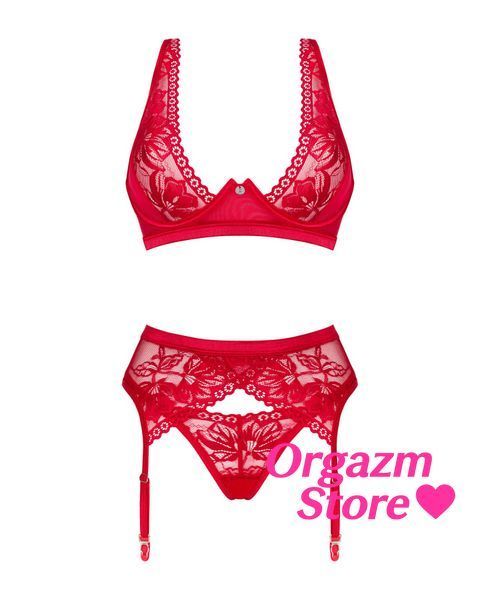 Комплект білизни Obsessive Lacelove cupless 3pcs set XS/S Red, бюстгальтер, стрінги, пояс для панчіх SO8655 фото