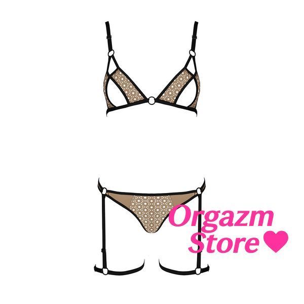 Еротичний комплект спідньої білизни Passion GABI SET L/XL beige, трусики з гартерами SO8436 фото