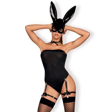 Эротический костюм кролика Obsessive Bunny costume L/XL, black, боди, чокер, гартеры, чулки, маска SO7702 фото