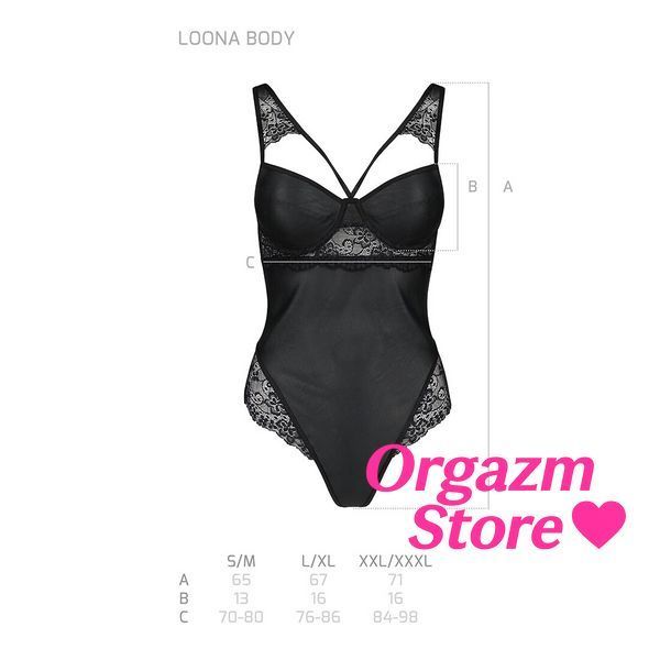 Боді з еко-шкіри та мережива Passion LOONA BODY L/XL, black SO5355 фото