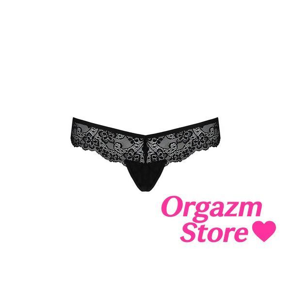 Мереживні трусики-танга з атласним бантиком Passion NAJA THONG L/XL, black SO5364 фото