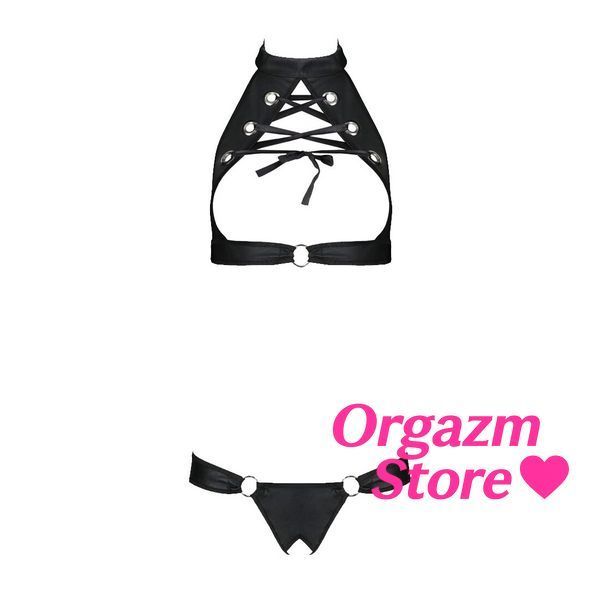 Комплект із екошкіри Passion MALWIA SET with Open Bra 4XL/5XL black, топ та трусики з люверсами SO7100 фото