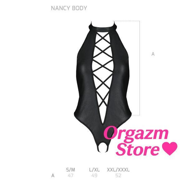 Боді з еко-шкіри з імітацією шнурівки та відкритим доступом Passion NANCY BODY XXL/XXXL, black SO5372 фото