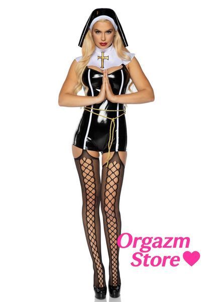 (SALE)Виниловый костюм монашки Leg Avenue Sinful Sister M, комбинезон, воротник, пояс, головной убор SO7992 фото