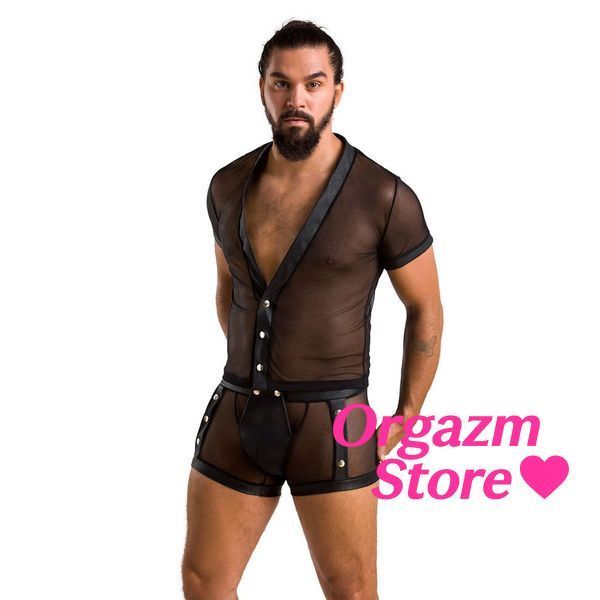 Комплект сетчатого мужского белья Passion 052 SET MICHAEL S/M black, рубашка, боксеры, заклепки SO7625 фото