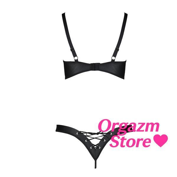 Комплект з екошкіри Passion CELINE BIKINI L/XL black, відкритий бра зі стрічками, стрінги SO6400 фото