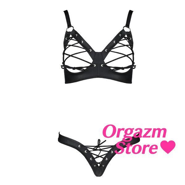 Комплект з екошкіри Passion CELINE BIKINI L/XL black, відкритий бра зі стрічками, стрінги SO6400 фото